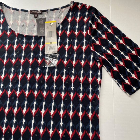 Anne Klein New York Silk Print Short Sleeve Stretch Top Size M Red Blue Sequins - Picture 11 of 15